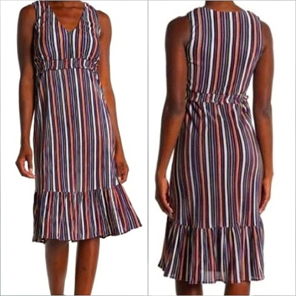 Superfoxx V Neck Midi Dress in Accordion Stripe Navy Blue and White Size Sm NWT - Picture 1 of 11